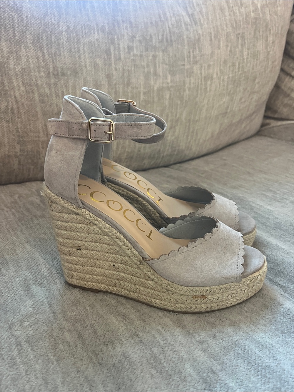 CCOCCI Light Gray Scalloped Suede Espadrille Wedges